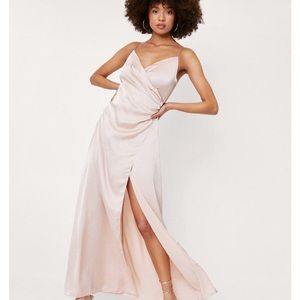 Satin V Neck Slit Maxi Dress